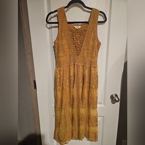Entro Boho Mustard Yellow V-Neck Lace Sleeveless Summer Midi Dress Size Small